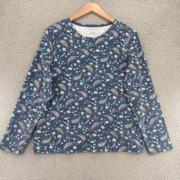 Talbots Top Womens Extra Large Blue Paisley Long Sleeves Stretch Pullover Tee - Picture 1 of 9